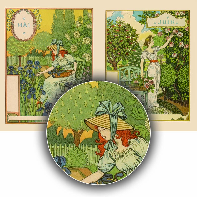 May include: A vintage illustration of a woman in a straw hat and blue dress standing in a garden with irises. The text "MAI" is in a circle at the top of the image.