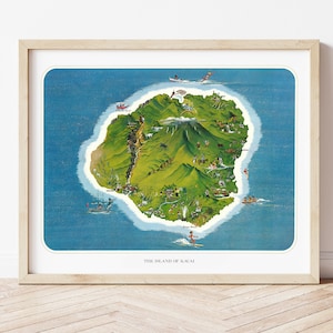 Mapa antiguo de la isla hawaiana de Kauai, de Ray Lanterman, circa 1962, mapa turístico ilustrado de Maui, incluidos lugares de interés y lugares turísticos