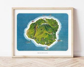 Vintage Hawaiian Island Map of Kauai, by Ray Lanterman circa 1962, illustrated Maui tourist map, including landmarks and tourist spots