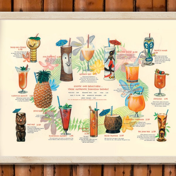 Vintage Tiki Hawaiian Drink Poster, 1960s menu illustrations, Polynesian, Tiki Bar Wall Decor, Mid Century Kitsch