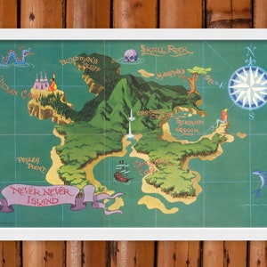 Isla Never Never de Disney vintage, Peter Pan alrededor de 1952, arte infantil, mapa ilustrado, incluye laguna de sirenas y roca de calavera