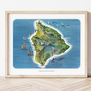 Vintage Hawaii Island Map Reproductie, door Ray Lanterman circa 1962, geïllustreerde Hawaiiaanse toeristenkaart, inclusief oriëntatiepunten en toeristische plekken
