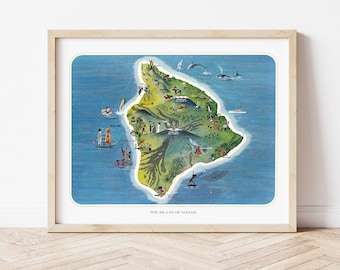 Vintage Hawaii Island Map Reproduction, by Ray Lanterman circa 1962, illustrated Hawaiian tourist map, including landmarks and tourist spots