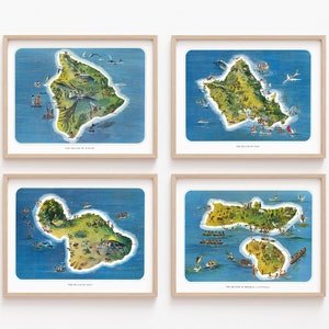 cartes vintage des îles hawaïennes, ensemble de 4, par Ray Lanterman vers 1962, cartes touristiques illustrées d'Hawaï, Oahu, Maui et Molokai et Lanai