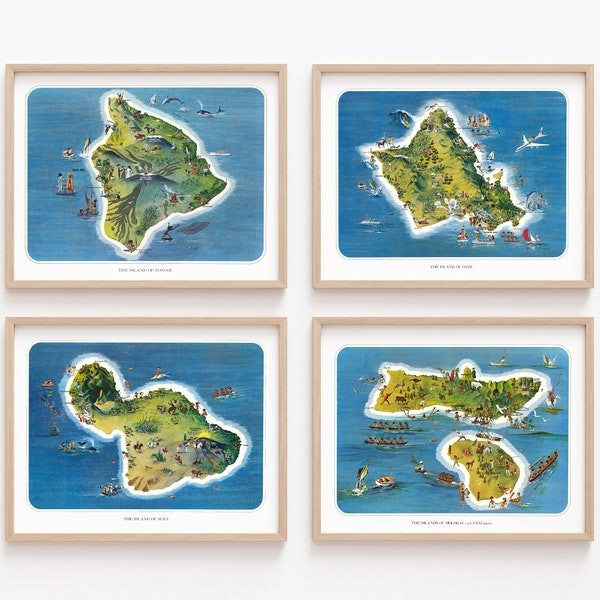 Vintage Hawaiian Islands Maps, Set of 4, by Ray Lanterman circa 1962, illustrated tourist maps of Hawaii, Oahu, Maui and Molokai and Lanai