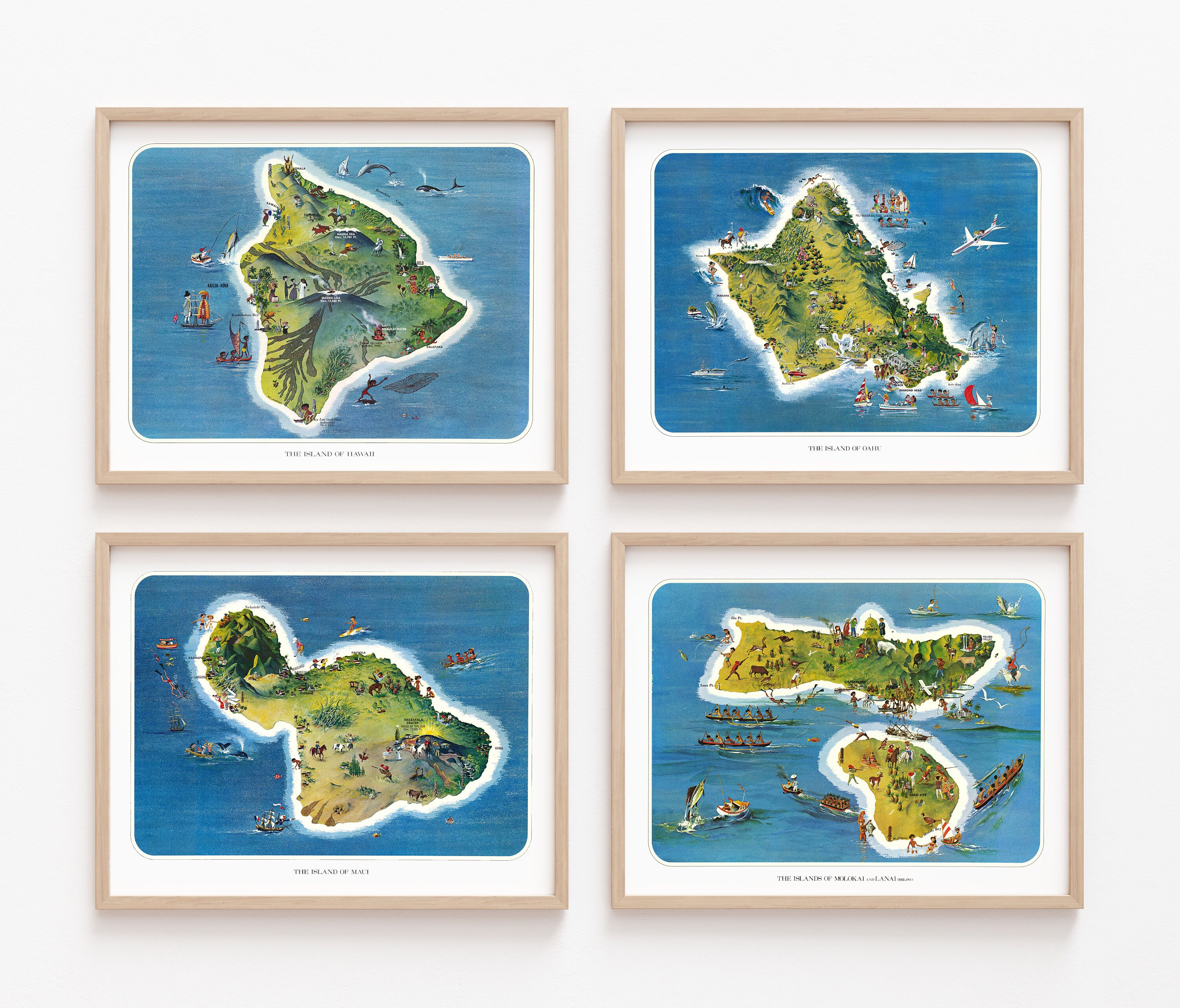 ビンテージ ハワイ諸島地図、4 枚セット、レイ ランターマン作、1962