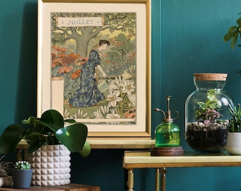Arte mural Art Nouveau, Calendario de julio de Eugene Grasset, Calendario floral, Belle Jardinere, Decoración de pared del mes de nacimiento de julio, Zodíaco de Cáncer, Jardín