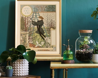 Arte mural Art Nouveau, calendario de febrero de Eugene Grasset, calendario floral, Belle Jardinere, arte del mes de nacimiento de febrero, cumpleaños de Acuario
