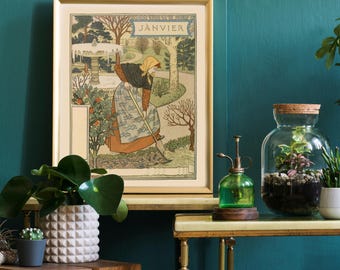 Arte mural Art Nouveau, calendario de enero de Eugene Grasset, calendario floral, Belle Jardinere, arte del mes de nacimiento de enero, cumpleaños de Capricornio