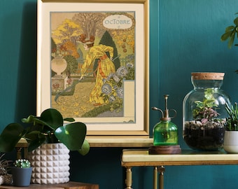 Arte mural Art Nouveau, Calendario de octubre de Eugene Grasset, Calendario floral, Belle Jardinere, Decoración de pared del mes de nacimiento de octubre, Libra Escorpio