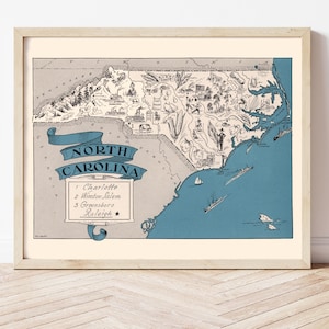 Vintage North Carolina Map, Raleigh Map, Carolinas Decor, Americana History circa 1931, Winston Salem History, illustrated pictorial USA
