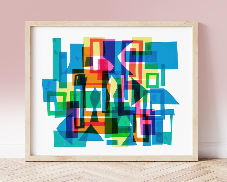 May include: Abstract art print featuring overlapping geometric shapes in various colors, including blue, green, red, yellow, and orange. The shapes are layered and create a sense of depth and movement.
