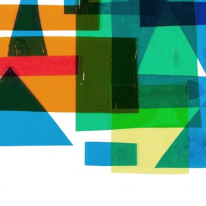May include: Abstract geometric shapes in various colors, including orange, red, green, blue, and yellow, overlap and create a layered effect.