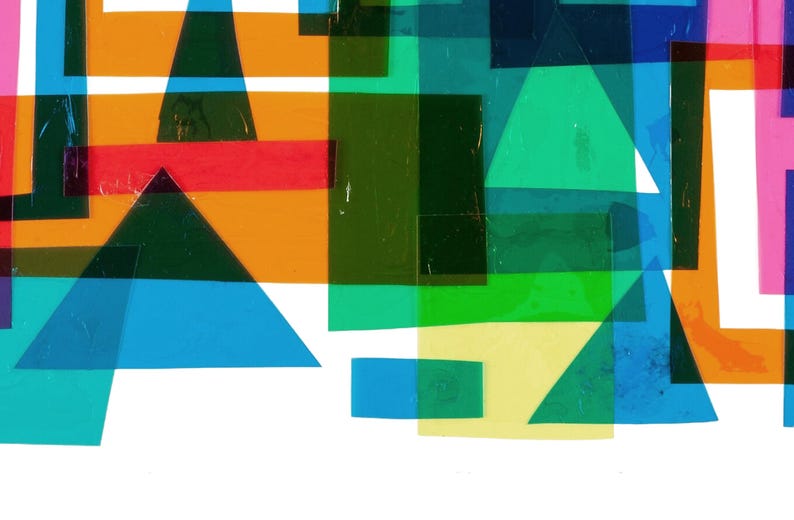 May include: Abstract geometric shapes in various colors, including orange, red, green, blue, and yellow, overlap and create a layered effect.