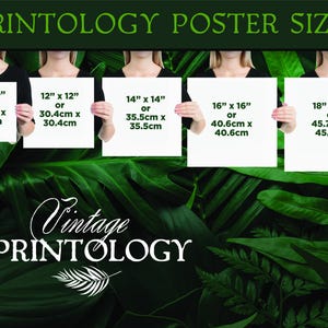 May include: Five white cards with black text showing different poster sizes in inches and centimetres. The cards are held by hands in front of a green leafy background. The text on the cards reads: "PRINTOLOGY POSTER SIZES"  "10" x 10" or 25.4cm x 25.4cm"  "12" x 12" or 30.4cm x 30.4cm"  "14" x 14" or 35.5cm x 35.5cm"  "16" x 16" or 40.6cm x 40.6cm"  "18" x 18" or 45.7cm x 45.7cm". Below the cards is the text "Vintage PRINTOLOGY" in white on a green leafy background.