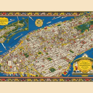 Vintage Manhattan Map circa 1926, illustrated map by Charles Vernon Farrow, Antique Illustrated Map of New York, New York Artwork