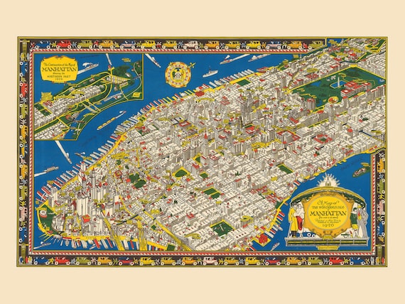 1926 年頃のヴィンテージ マンハッタン マップ、チャールズ ヴァーノン