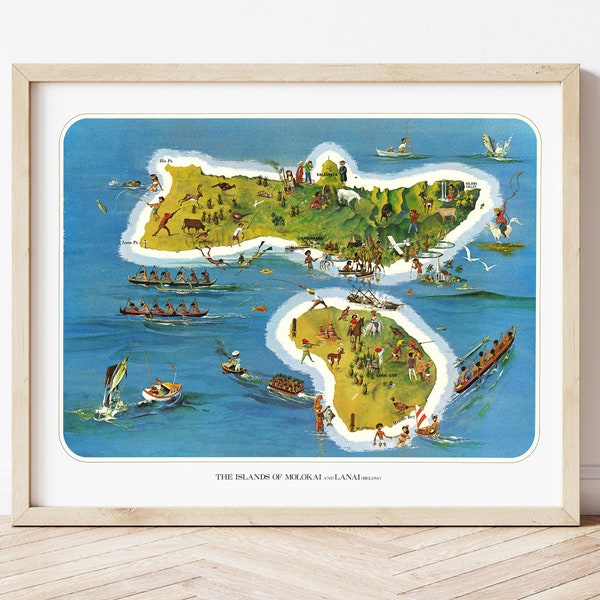 Vintage Hawaiian Island Map of Molokai and Lanai, by Ray Lanterman circa 1962, illustrated Maui tourist map, including landmarks