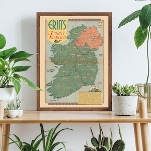 Irland Karte der Nachnamen, Erins erste Familien um 1946, irische Nachnamen und Genealogie, St. Patrick's Day, Grafschaften und Städte, irische Karte