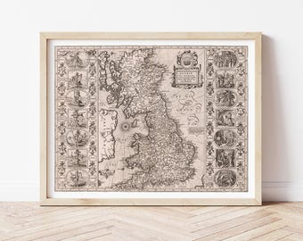 19世紀 イギリスとウェールズの古地図　ガラス額縁　木製フレーム付き 19世紀 イギリスとウェールズの古地図ガラス額縁木製フレーム付き