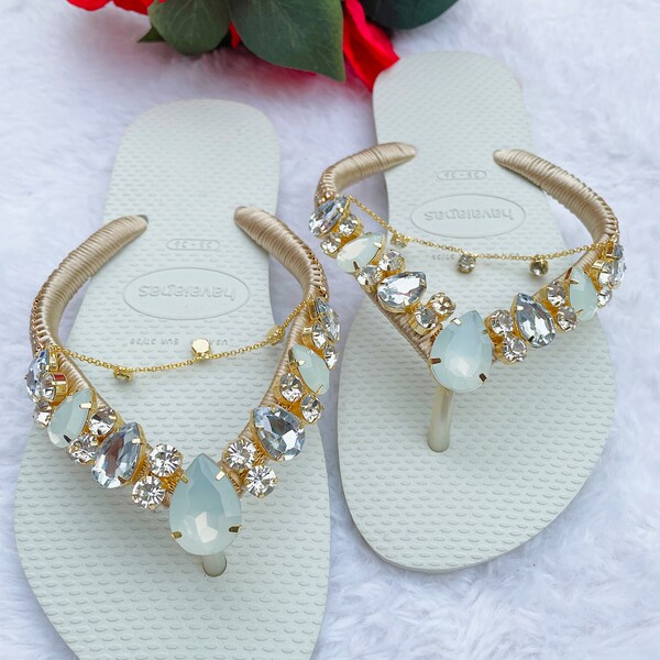 Folk-Custom Rhinestone Flip Flops