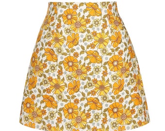 MCM Yellow Floral vintage style Mod Mini Skirt 70s retro pattern fabric