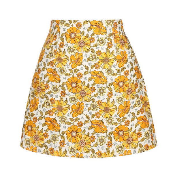 MCM Yellow Floral vintage style Mod Mini Skirt 70s retro pattern fabric