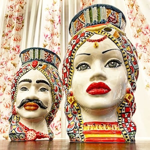 Sicilian Heads, handmade Sicilian Moor heads in Caltagirone ceramic H 35 cm L20cm