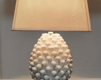 White pine cone model lamp, in authentic and fine Caltagirone ceramic, entirely handmade. Sicilian handmade