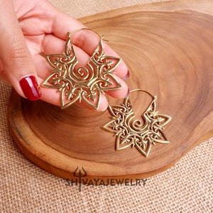 Tribal Mandala Earrings, Brass Hoop Earrings, Handcarved Earrings, Handmade Jewelry.