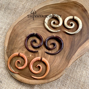 Spiral Fake Gauge Earrings, Wood Post Earrings, Handcarved Earrings, Handmade Jewelry, Wooden Accessories.