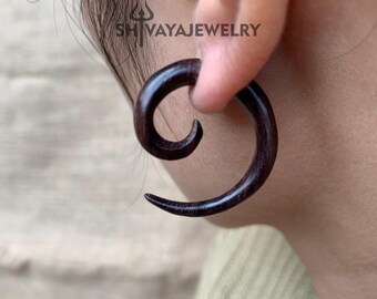 Spiral Fake Gauge Earrings, Wood Post Earrings, Handcarved Earrings, Handmade Jewelry, Wood Accessories.