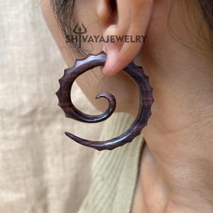 Spiral Fake Gauge Earrings, Wood Post Earrings, Handcarved Earrings, Handmade Jewelry, Wooden Accessories.