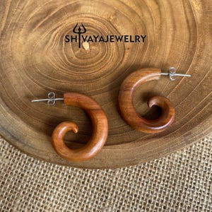 Half Spiral Fake Gauge Earrings, Wood Post Earrings, Handcarved Earrings, Handmade Jewelry, Wooden Accessories.