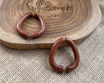 Simple Fake Gauge Earrings, Wood Post Earrings, Hand Carved Earrings, Handmade Saba or Tamarind Wood