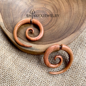 Spiral Fake Gauge Earrings, Wood Post Earrings, Handcarved Earrings, Handmade Jewelry, Wooden Accessories.