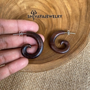 Half Spiral Fake Gauge Earrings, Wood Post Earrings, Handcarved Earrings, Handmade Jewelry, Wooden Accessories.