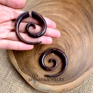 Spiral Fake Gauge Earrings, Wood Post Earrings, Handcarved Earrings, Handmade Jewelry, Wooden Accessories.