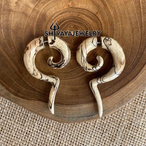 Long Spiral Fake Gauge Earrings, Wood Post Earrings, Hand carved Earrings, Handmade Jewelry, Wooden Accessories.