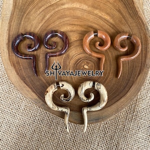 Long Spiral Fake Gauge Earrings, Wood Post Earrings, Hand carved Earrings, Handmade Jewelry, Wooden Accessories.