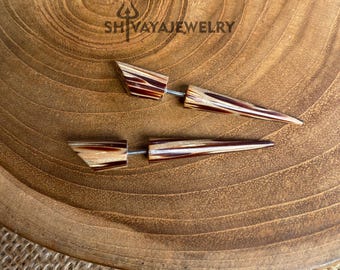 Palm Wood Taper Fake Gauge Earrings, Wood Post Earrings, Handcarved Earrings, Handmade Jewelry, Wood Accessories.