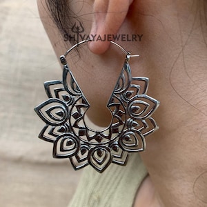 Tribal Mandala Earrings, Brass Hoop Earrings, Handcarved Earrings, Handmade Jewelry