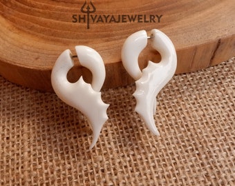 Tribal Fake Gauge Earrings, Bone Post Earrings, Handcarved Earrings, Handmade Jewelry, Bone Accessories.