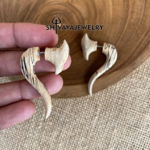 Taper Fake Gauge Earrings, Wood Post Earrings, Handcarved Earrings, Handmade Jewelry, Wood Accessories.