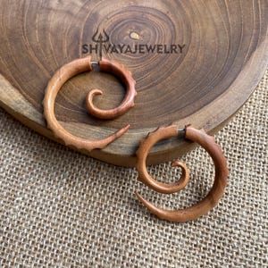 Spiral Fake Gauge Earrings, Wood Post Earrings, Handcarved Earrings, Handmade Jewelry, Wooden Accessories.