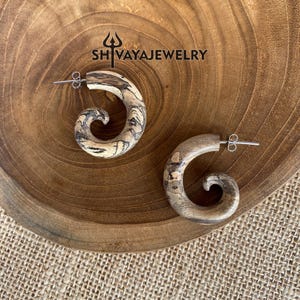 Half Spiral Fake Gauge Earrings, Wood Post Earrings, Handcarved Earrings, Handmade Jewelry, Wooden Accessories.