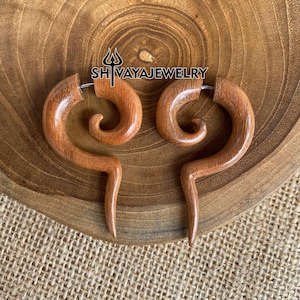 Long Spiral Fake Gauge Earrings, Wood Post Earrings, Hand carved Earrings, Handmade Jewelry, Wooden Accessories.