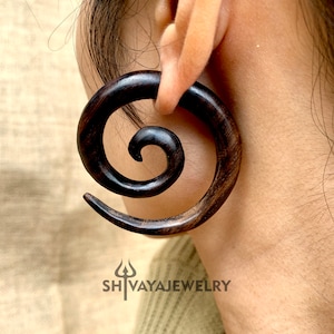 Spiral Fake Gauge Earrings, Wood Post Earrings, Handcarved Earrings, Handmade Jewelry, Wooden Accessories.