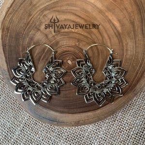 Tribal Mandala Earrings, Brass Hoop Earrings, Handcarved Earrings, Handmade Jewelry