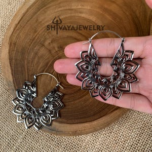 Tribal Mandala Earrings, Brass Hoop Earrings, Handcarved Earrings, Handmade Jewelry